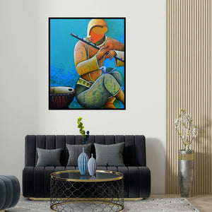 'Rhythmic Conversation 21' painting by Anupam Pal shown on a wall in a furnished room.