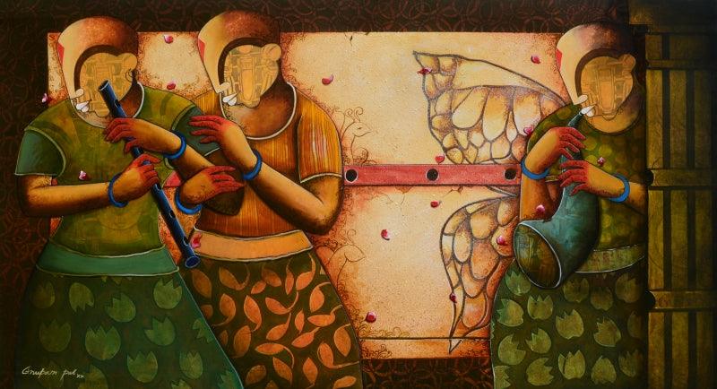 contemporary acrylic painting titled 'RHYTHMIC CONVERSATION 35', 36x66 inches, by artist Anupam Pal on CANVAS
