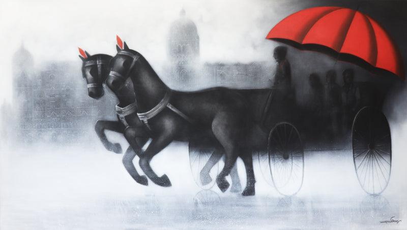 Cityscape acrylic charcoal painting titled 'Rhythmic Monsoon Ride Devotee Of Pashupa', 40x72 inches, by artist Somnath Bothe on Canvas