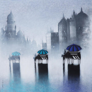 Cityscape acrylic charcoal painting titled 'Rhythmic Monsoon Ride In Mumbai', 36x36 inches, by artist Somnath Bothe on Canvas