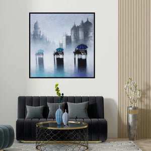 Somnath Bothe's 'Rhythmic Monsoon Ride In Mumbai' painting visualized above a sofa in a contemporary room.