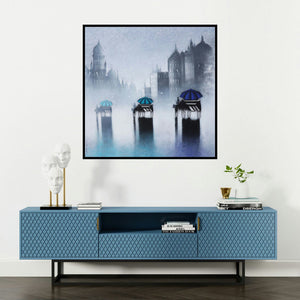 'Rhythmic Monsoon Ride In Mumbai' painting by Somnath Bothe shown on a wall in a furnished room.