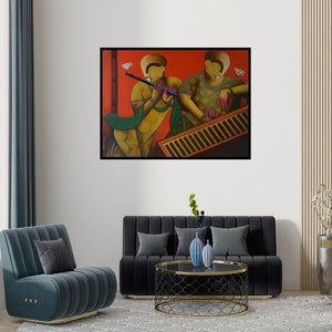 Preview of 'Rhythmic Reverberations 2' Painting by Anupam Pal shown on a wall in a furnished room.