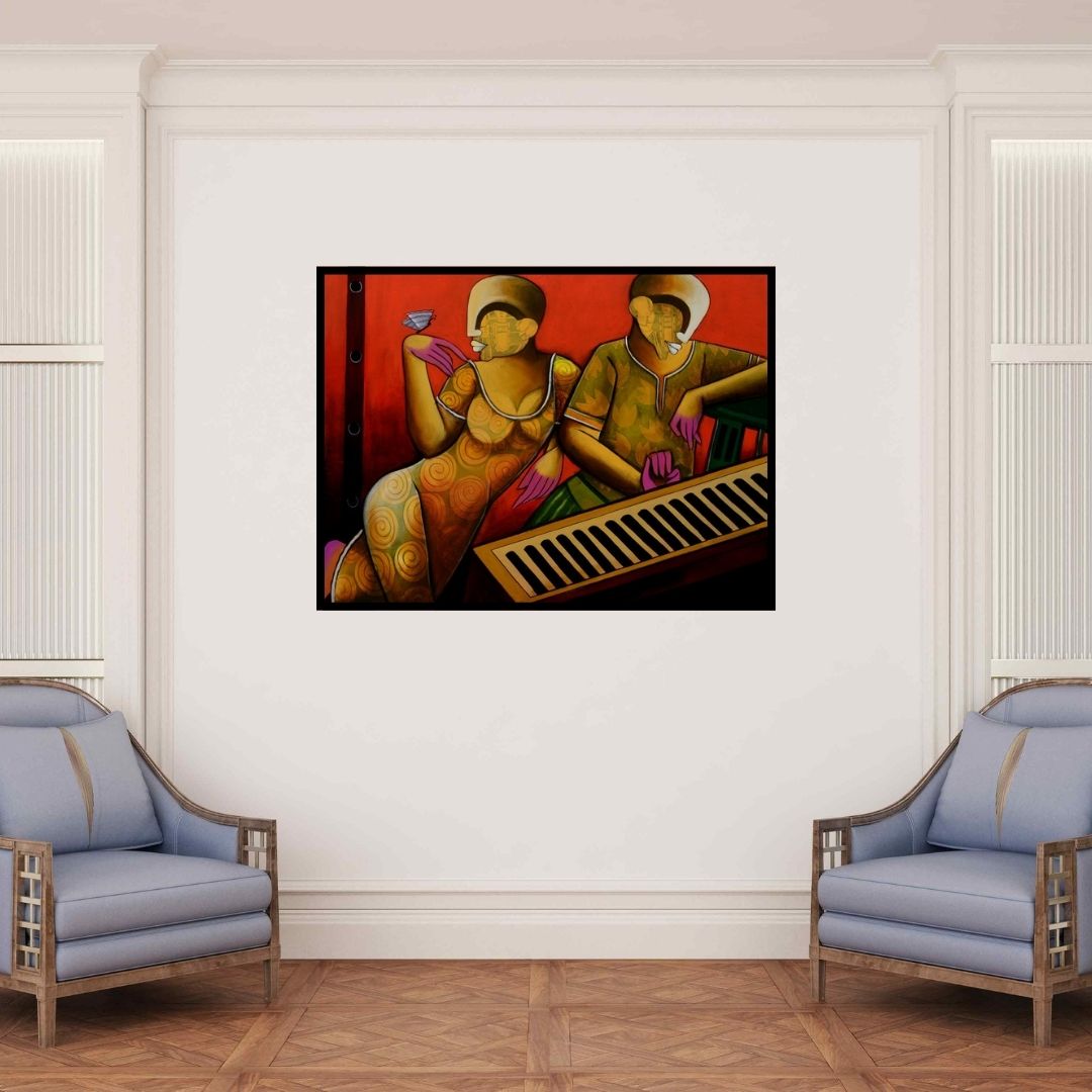 In-situ view of Anupam Pal's 'Rhythmic Reverberations 5' painting in a room