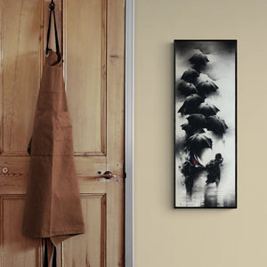 In-situ view of Ajay De's 'Rickshaw Puller 3 (Shelter from the Storm)' painting in a room