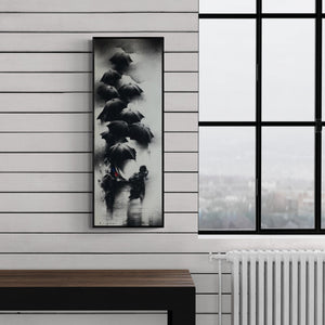 Preview of 'Rickshaw Puller 3 (Shelter from the Storm)' Painting by Ajay De shown on a wall in a furnished room.