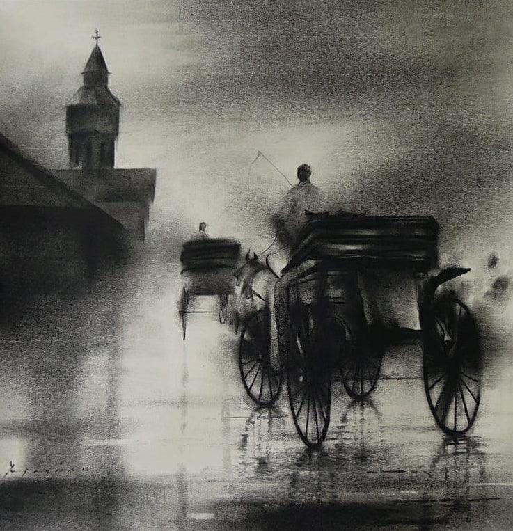 Cityscape charcoal painting titled 'Rickshaw Puller 6', 15x15 inches, by artist Ajay De on Paper