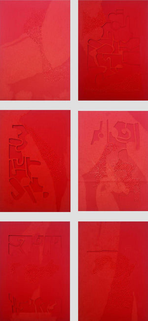 Rid Of Set (Crimson Codex) by Unnati Shukla, Original Mixed Media Abstract Painting on Paper, Small Vertical Wall Art