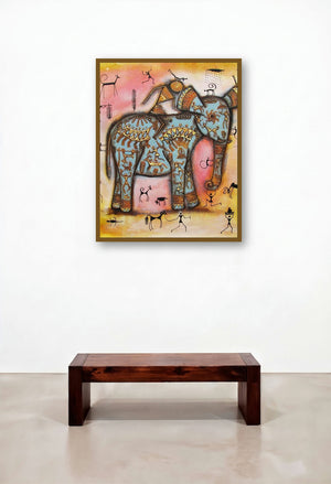 Riding Elephant Tribal Painting Blue by artist Pradeep Swain displayed in a Art Deco Executive Office
