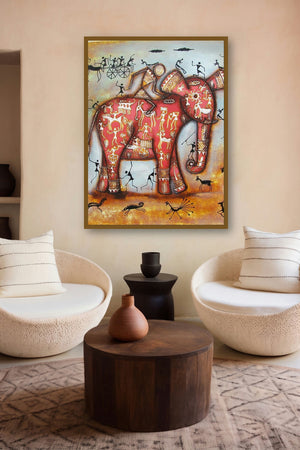 Riding Elephant Tribal Painting Pink by artist Pradeep Swain displayed in a Modern gallery