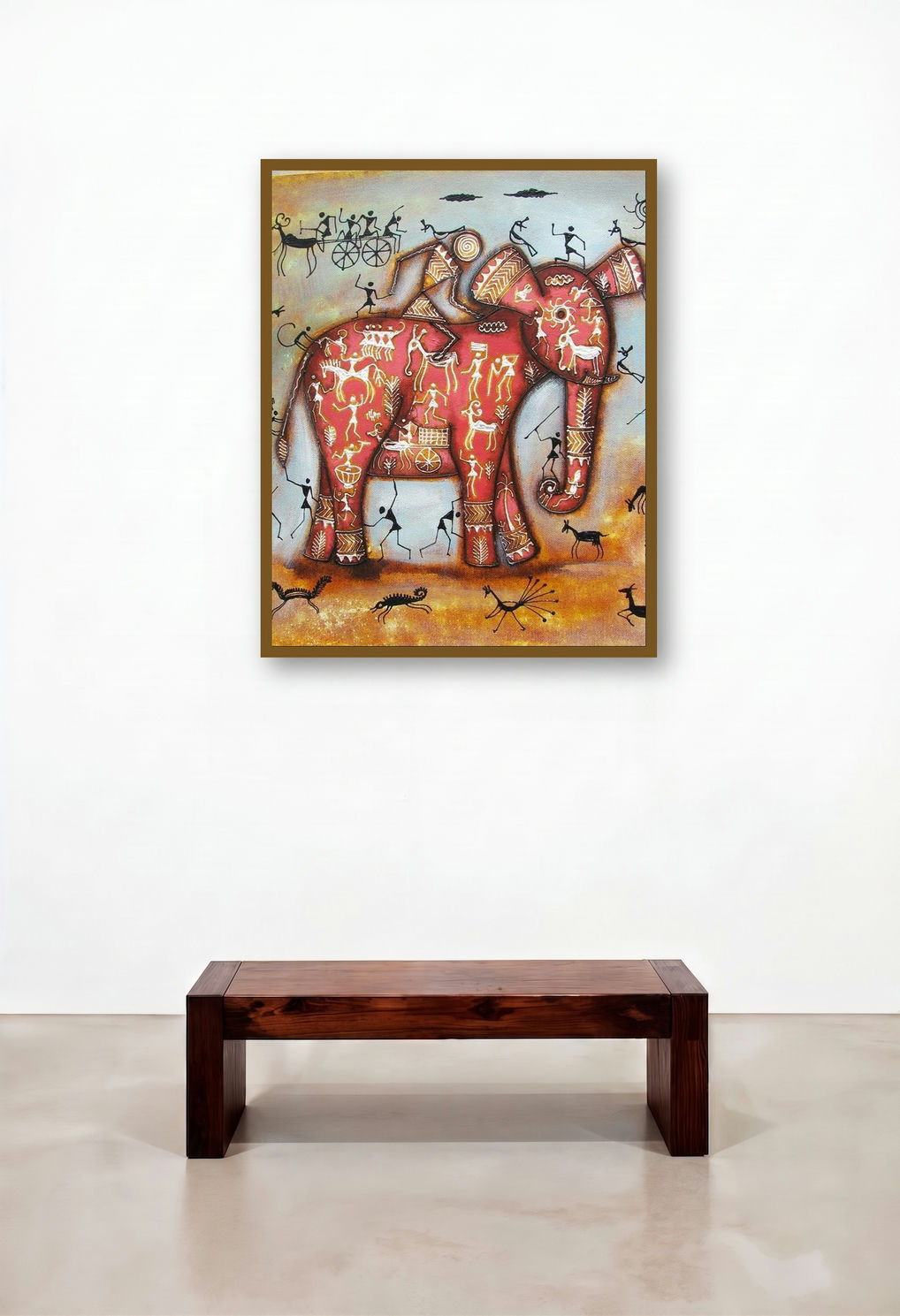 Riding Elephant Tribal Painting Pink by artist Pradeep Swain displayed in a Classic Library