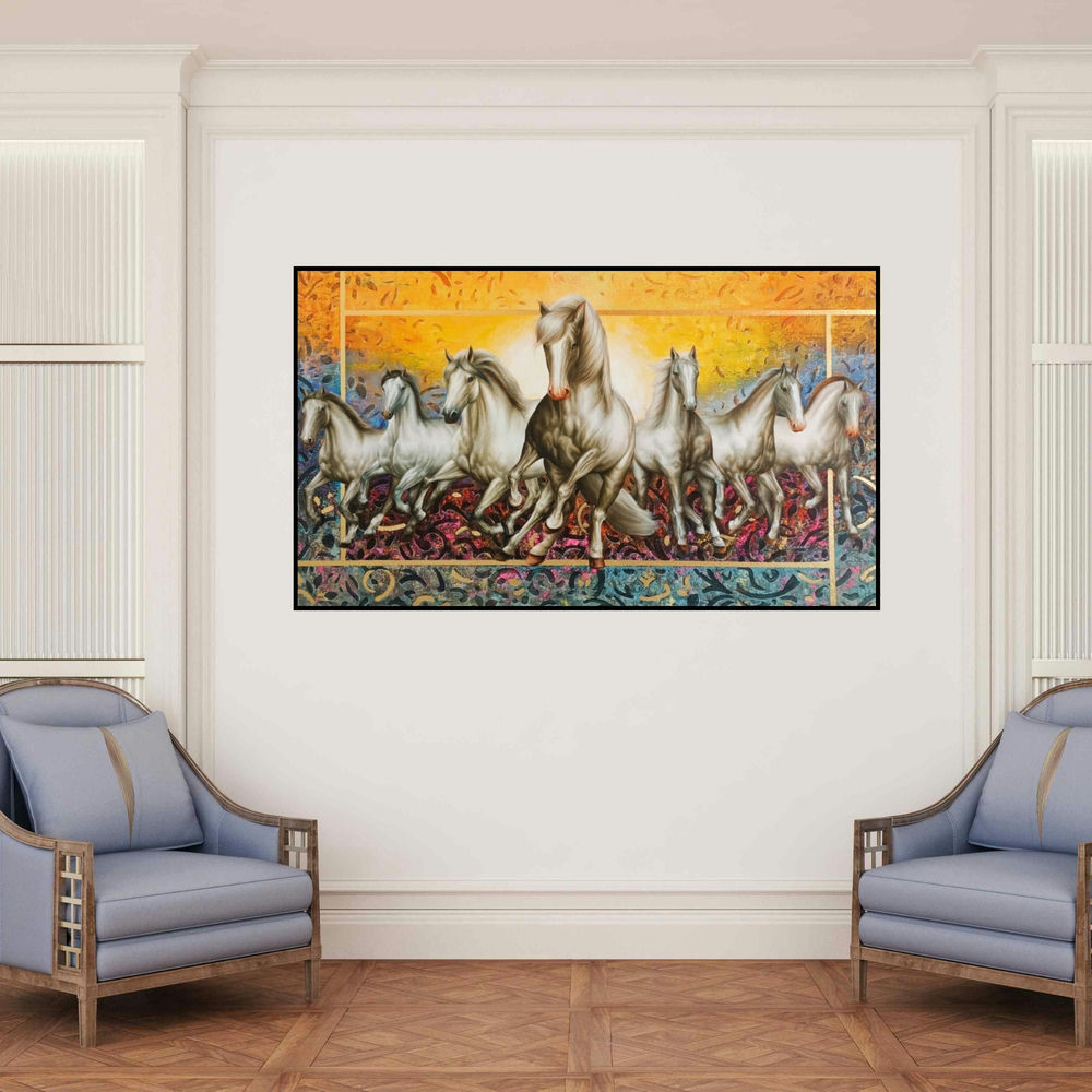 'Rising Horses (The Majestic Gallop)' painting by Pradeep Kumar shown on a wall in a furnished room.