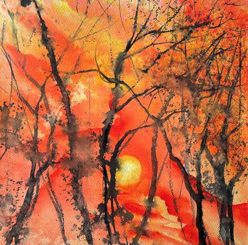 'Rising Sun' nature watercolor painting by artist Umesh Pandey, 11x11 inch, on paper