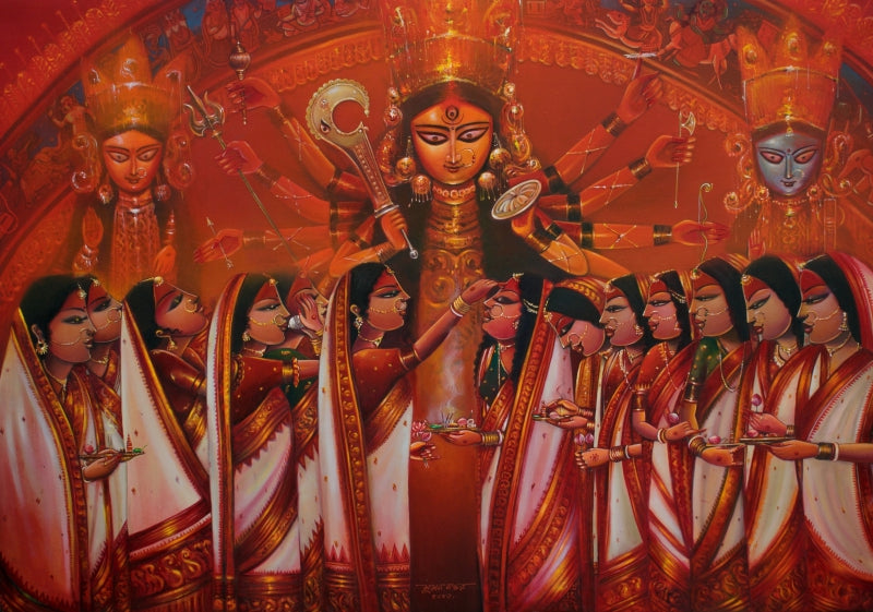 'Rituals Of Shakti' religious acrylic painting by artist Sumon Naskar, 42x60 inch, on canvas