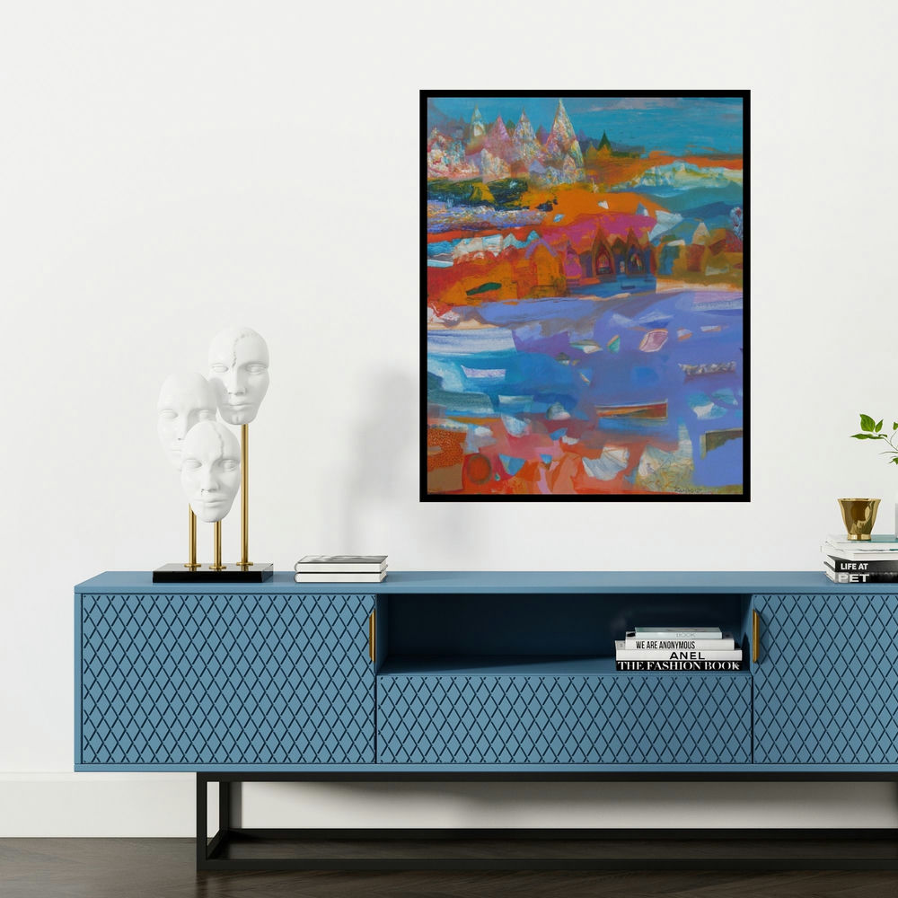 'The River 1 (Varanasi Dreams)' painting by Ranadip Mukherjee shown on a wall in a furnished room.