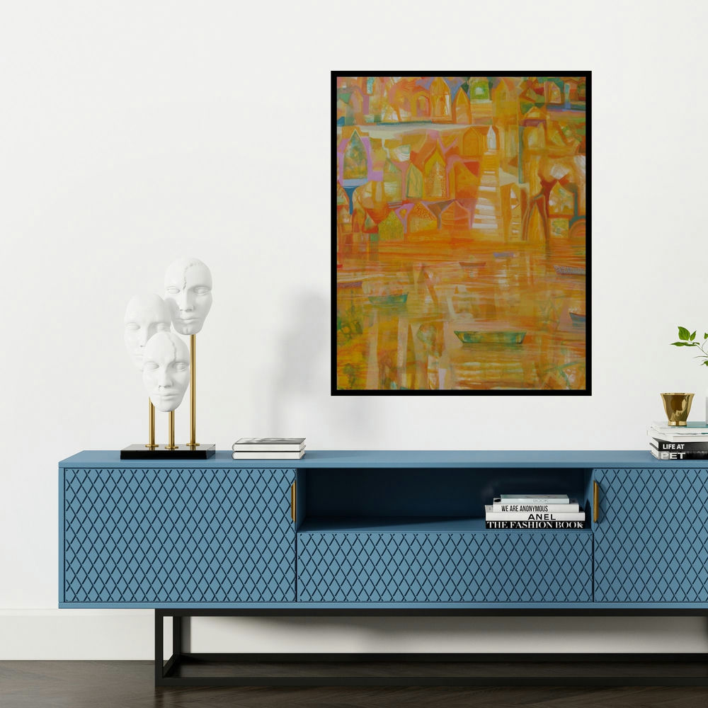'The River 2 (River of Gold)' painting by Ranadip Mukherjee shown on a wall in a furnished room.