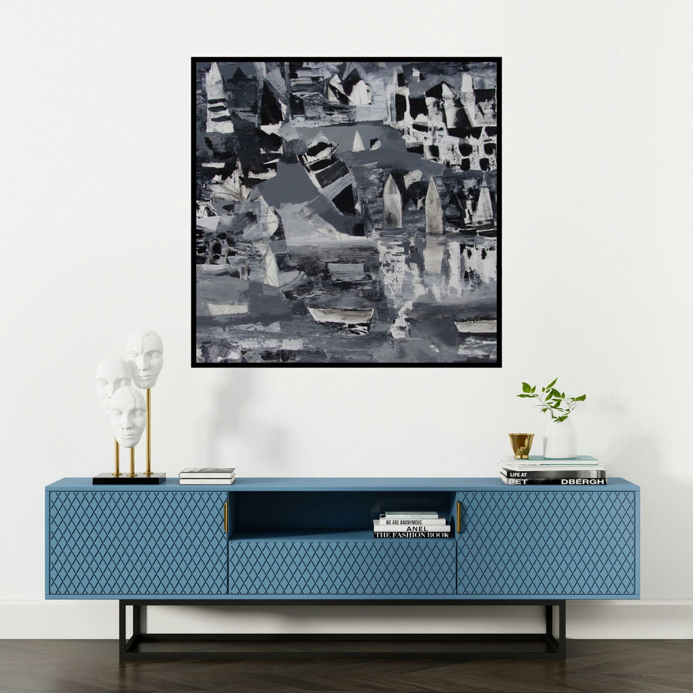 'The River 3 (Harbor Lights)' painting by Ranadip Mukherjee shown on a wall in a furnished room.