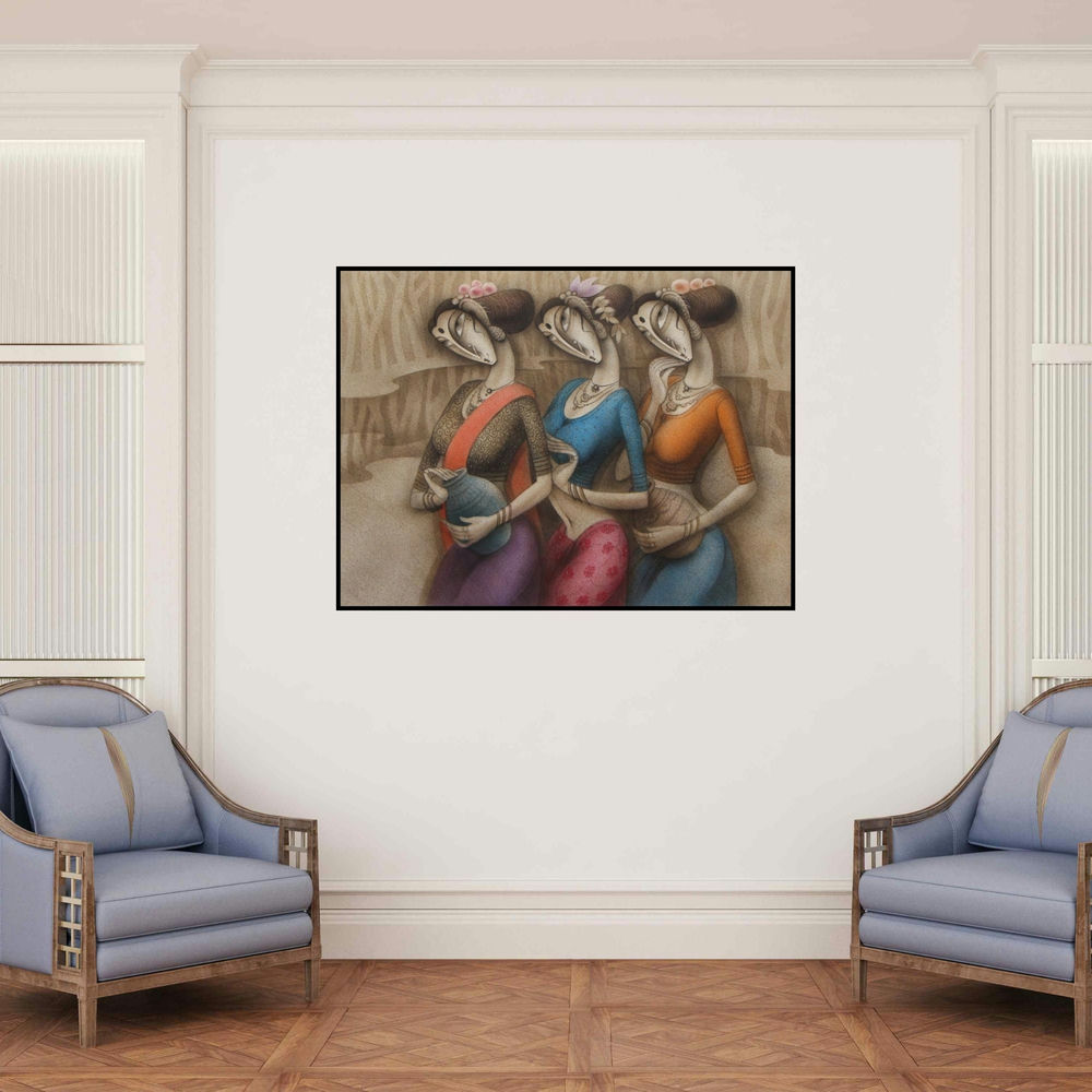 'River Bank (The Vessels of Life)' painting by Ramesh Pachpande shown on a wall in a furnished room.