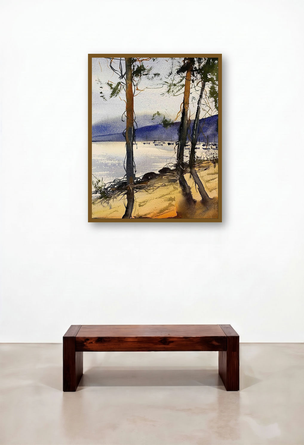 River Side Afternoon (Tranquil Waters) by artist Ks Farvez displayed in a Rustic Living Room