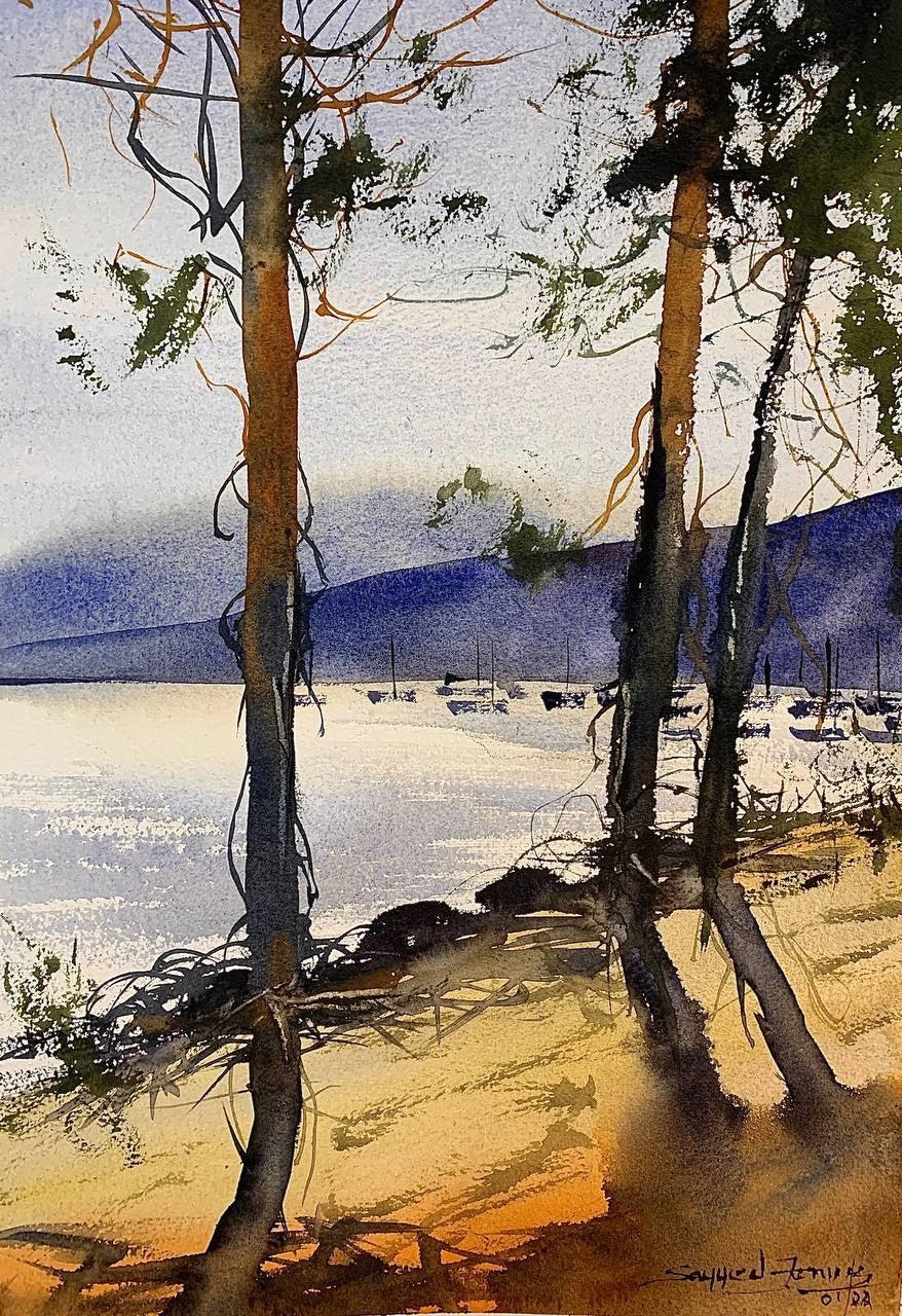 Landscape watercolor painting titled 'River side Afternoon', 11x15 inches, by artist KS Farvez on Paper