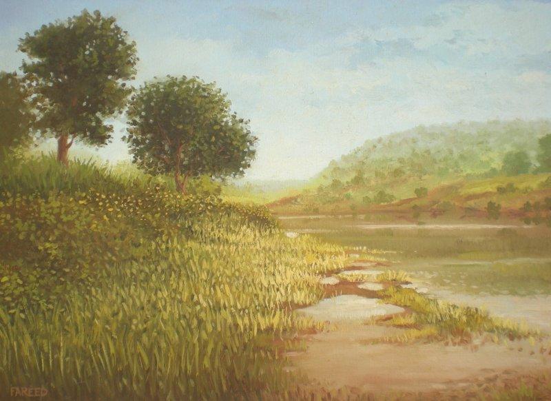 Landscape oil painting titled 'River view', 22x16 inches, by artist Fareed Ahmed on Canvas Board