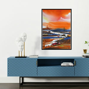 'Riverscape 1 (Rivers Embrace)' painting by Sunil Kale shown on a wall in a furnished room.