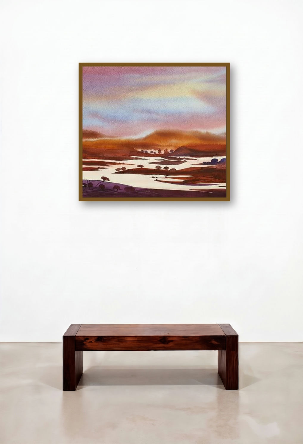 Riverscape 3 (Crimson Skies) by artist Sunil Kale displayed in a Luxury Library