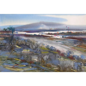 Riverscape 39 (Distant Shores) by Sunil Kale, Original Watercolor Seascape Painting on Paper, Small Horizontal Wall Art