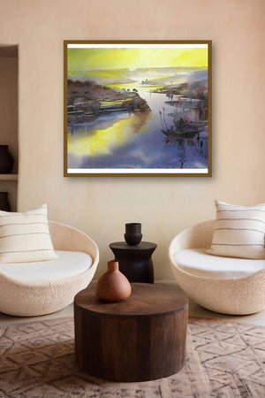 Riverscape 42 (River of Dreams) by artist Sunil Kale displayed in a Indian Art gallery