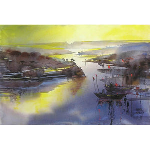 Riverscape 42 (River of Dreams) by Sunil Kale, Original Watercolor Seascape Painting on Paper, Small Horizontal Wall Art