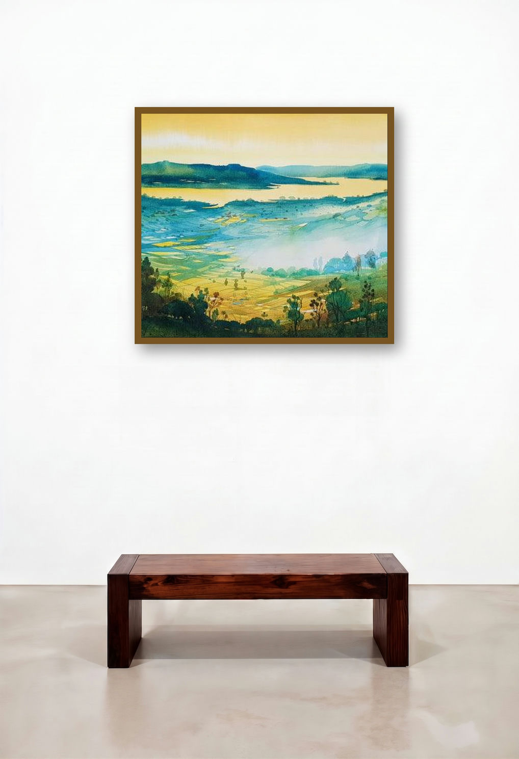 Riverscape 6 (Dawn's Embrace) by artist Sunil Kale displayed in a Traditional Family Room