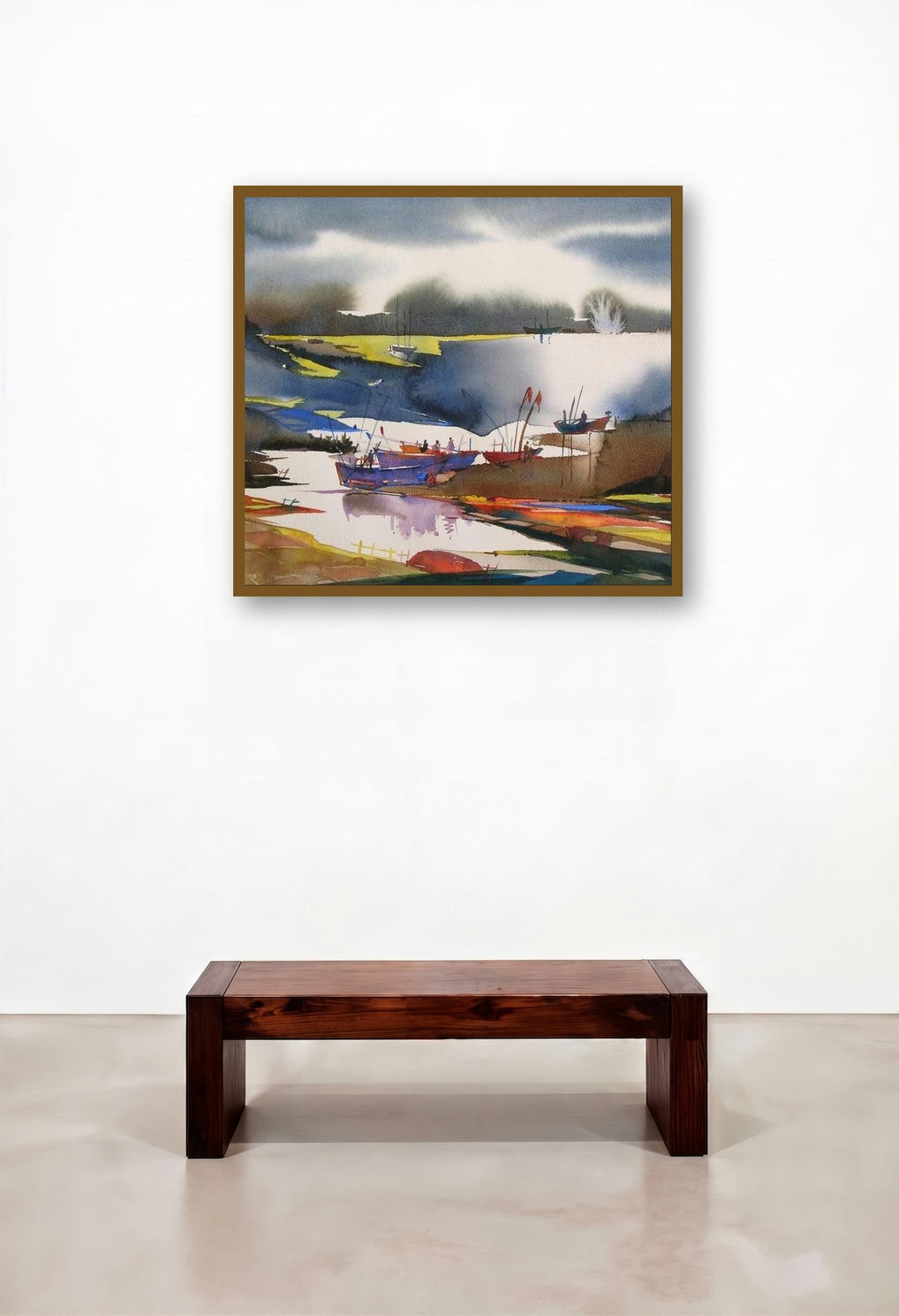 Riverscape 67 (Harbor Scene) by artist Sunil Kale displayed in a Modern Executive Office