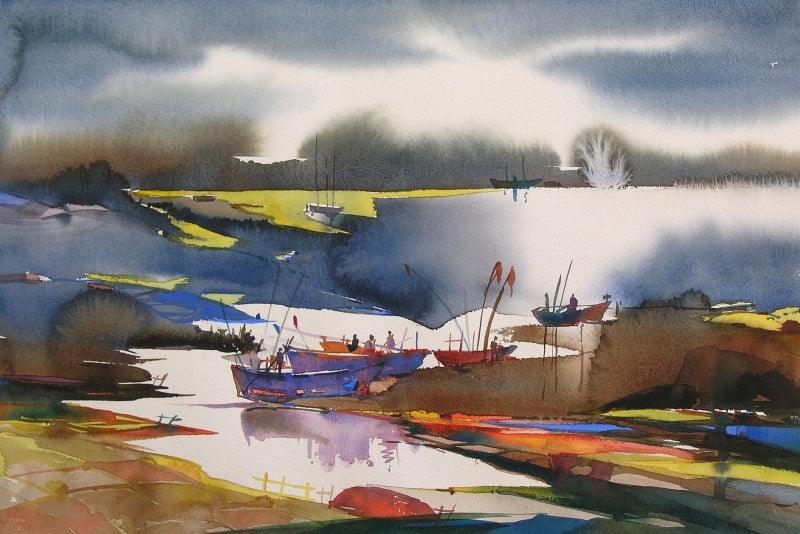 Landscape watercolor painting titled 'Riverscape 67', 14x21 inches, by artist Sunil Kale on Arches Paper