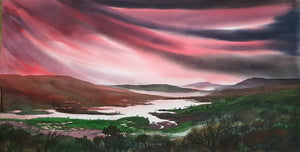 Riverscape 7 (Crimson Skies) by Sunil Kale, Original Watercolor Seascape Painting on Arches Paper, Medium Horizontal Wall Art