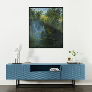 Bhargavkumar Kulkarni's 'Riverside (Whispering Willows)' painting visualized above a sofa in a contemporary room.