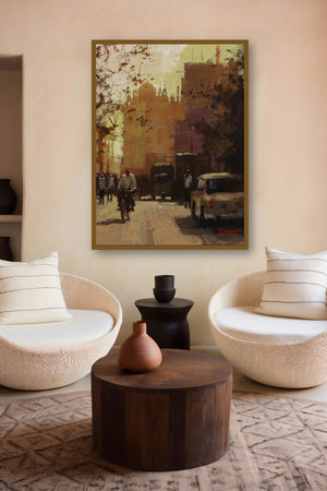 Road Stories 26 (Serene Cityscape Morning) by artist Anwar Husain displayed in a Minimalist gallery