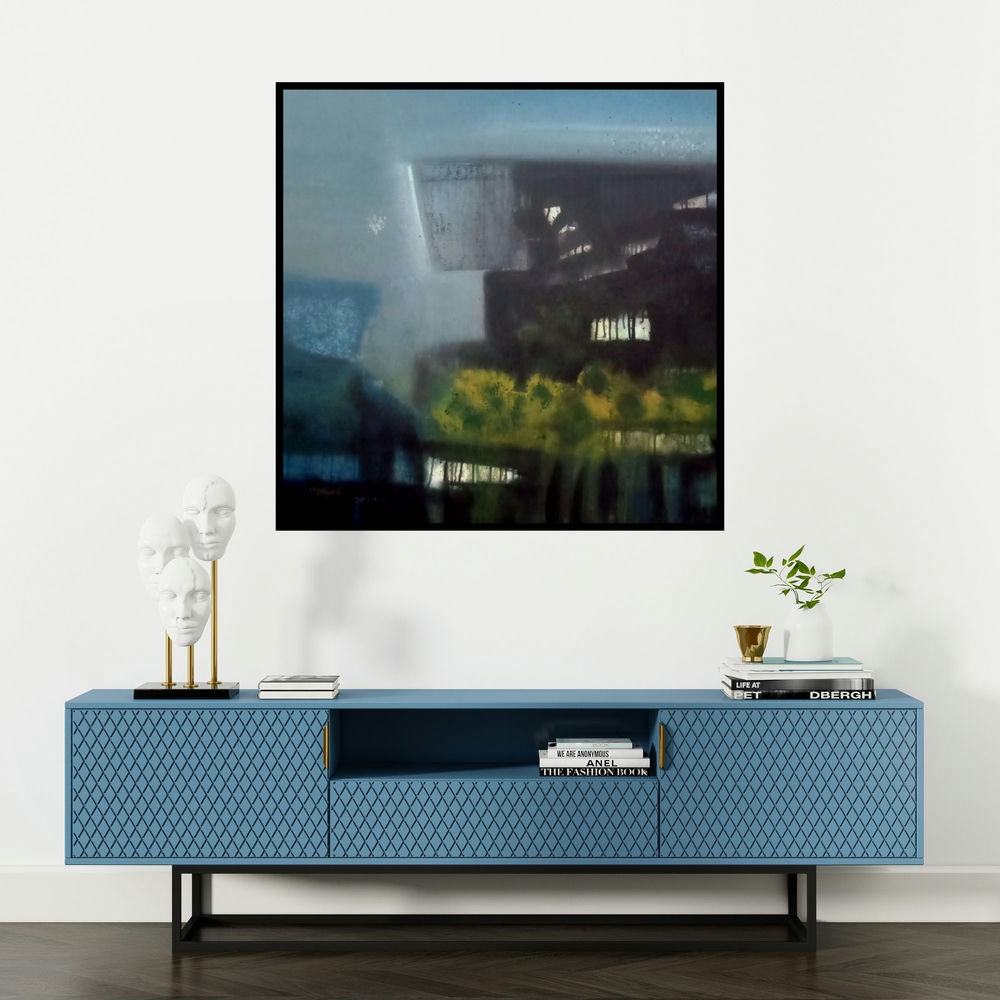 'Rock (Abstract Landscape)' painting by Dnyaneshwar Dhavale shown on a wall in a furnished room.