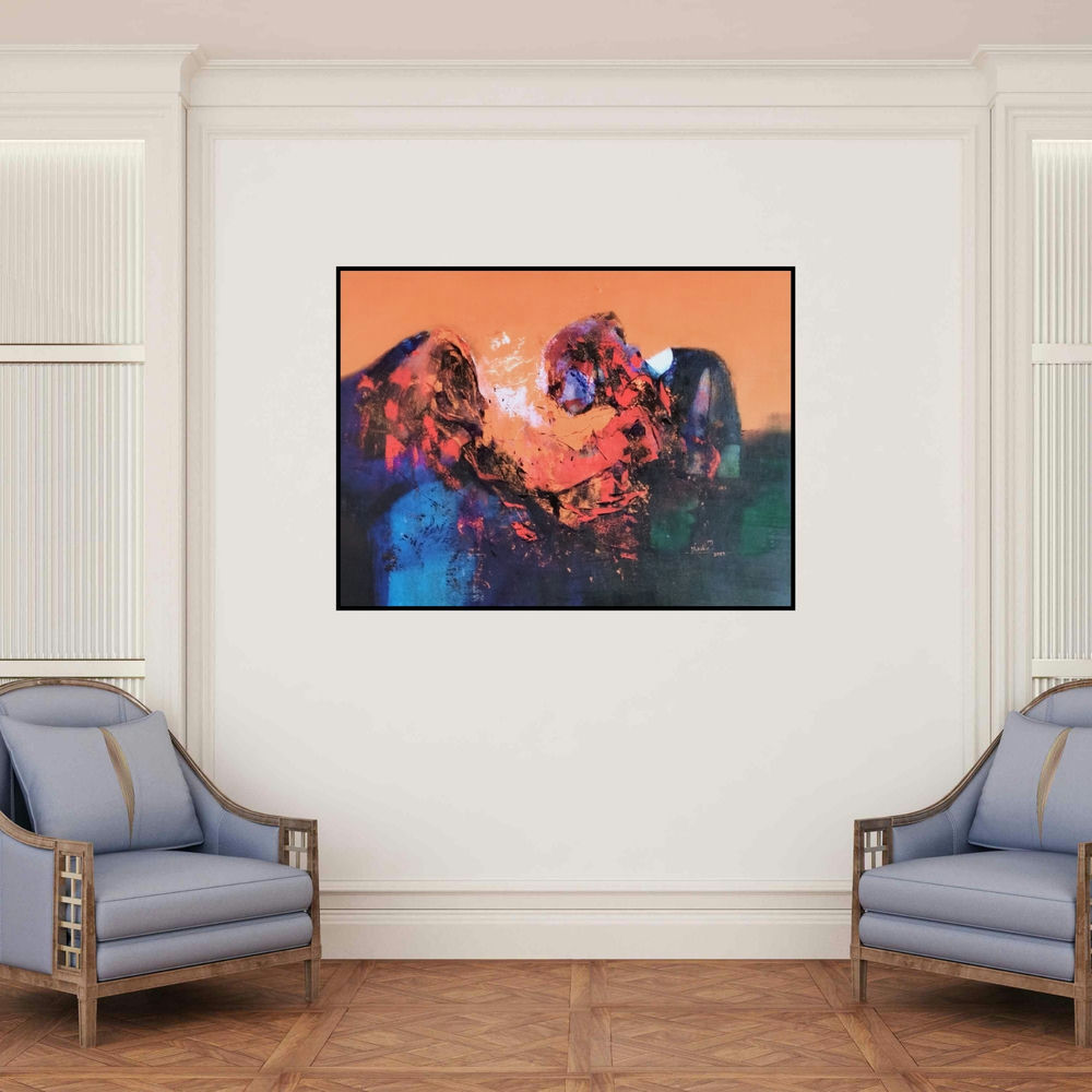 'Rocks In The Mountains 6 (Cosmic Dance**)' painting by Dnyaneshwar Dhavale shown on a wall in a furnished room.