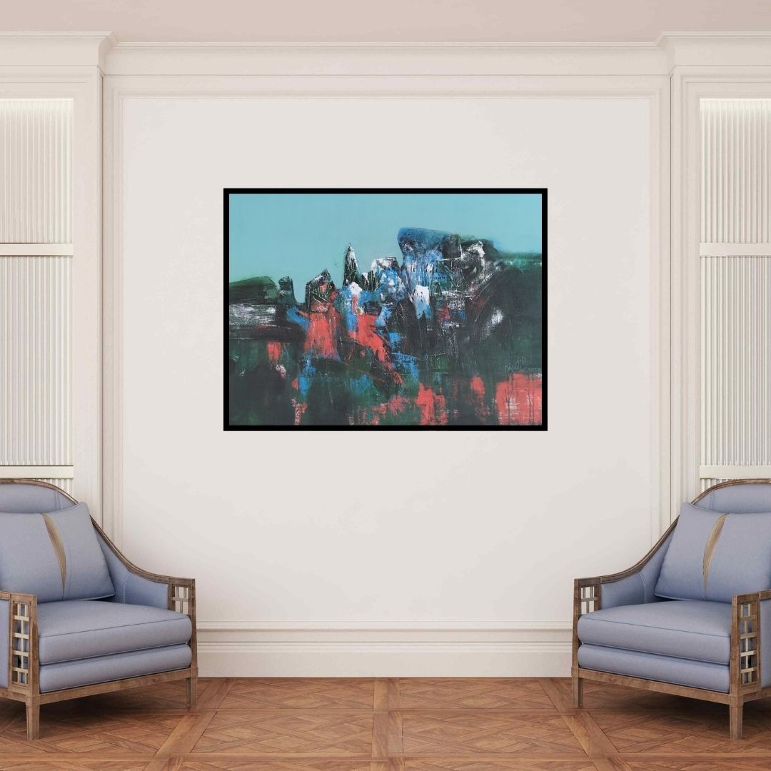 In-situ view of Dnyaneshwar Dhavale's 'Rocks In The Mountains (Urban Dreamscape)' painting in a room