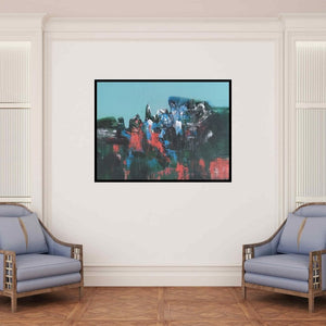 In-situ view of Dnyaneshwar Dhavale's 'Rocks In The Mountains (Urban Dreamscape)' painting in a room