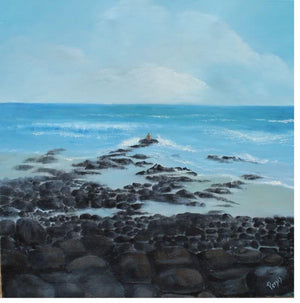 Rocky Beach (Shoreline Serenity: A Coastal Landscape) by Persis Chhapkhanawalla, Original Oil Landscape Painting on Canvas, Small Square Wall Art