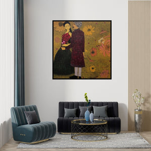 Preview of 'Romance (Hidden Desires)' Painting by Rahul Mhetre shown on a wall in a furnished room.