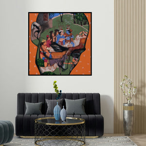 Vijay Shelar's 'Romance In Monsoon 2' painting visualized above a sofa in a contemporary room.