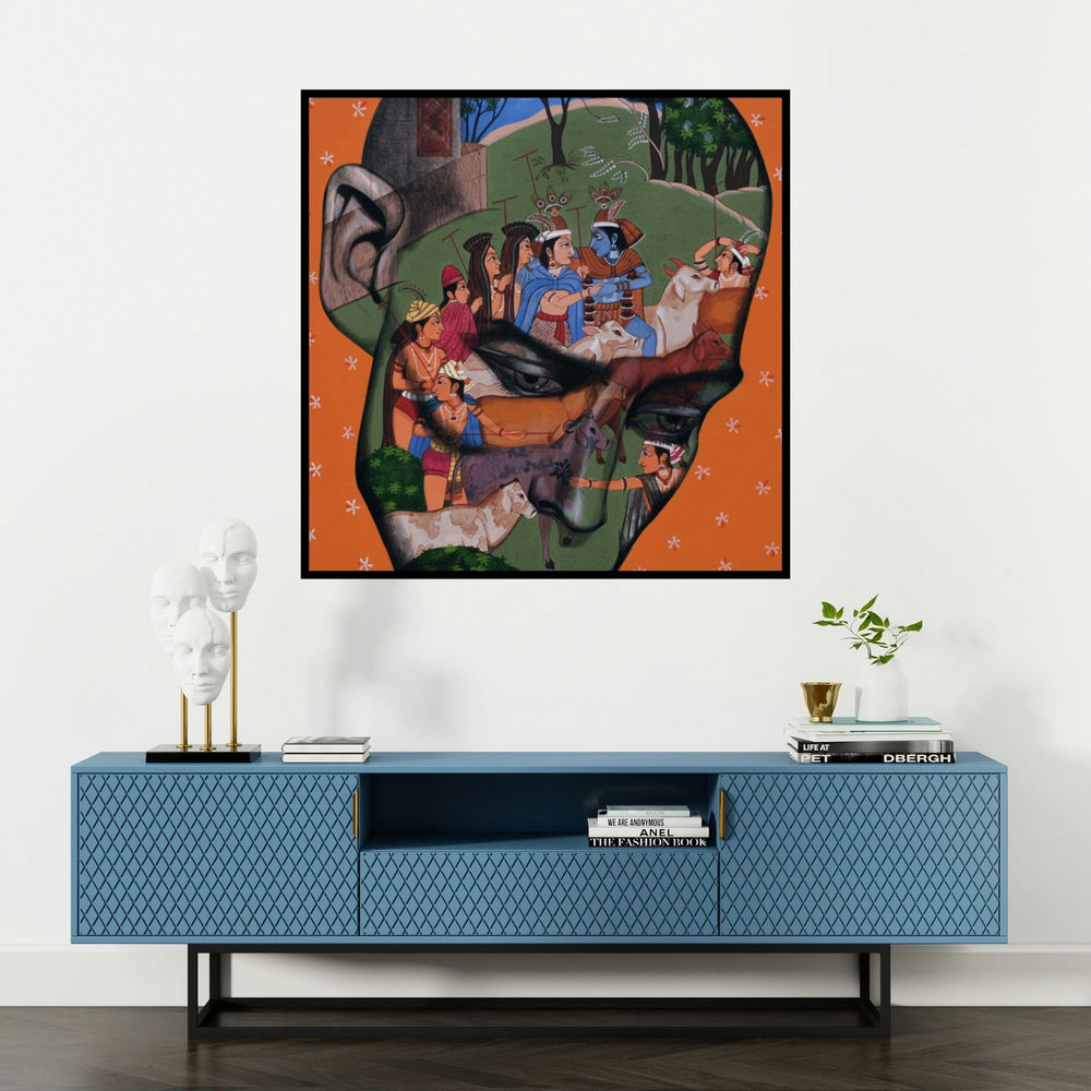 'Romance In Monsoon 2' painting by Vijay Shelar shown on a wall in a furnished room.