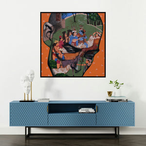 'Romance In Monsoon 2' painting by Vijay Shelar shown on a wall in a furnished room.