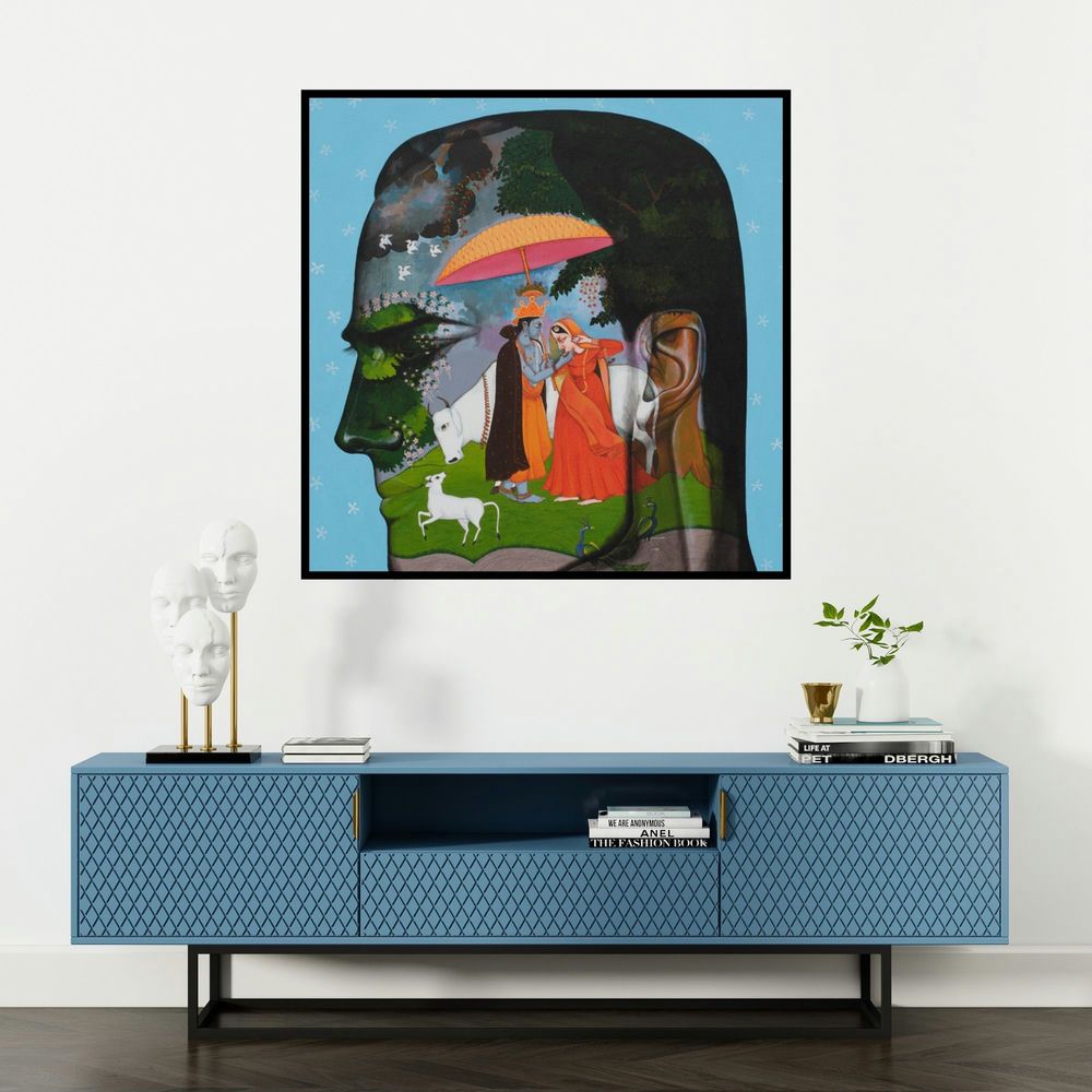 'Romance In Monsoon 3 (Love's Sanctuary)' painting by Vijay Shelar shown on a wall in a furnished room.