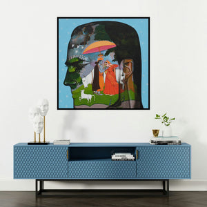 'Romance In Monsoon 3 (Love's Sanctuary)' painting by Vijay Shelar shown on a wall in a furnished room.