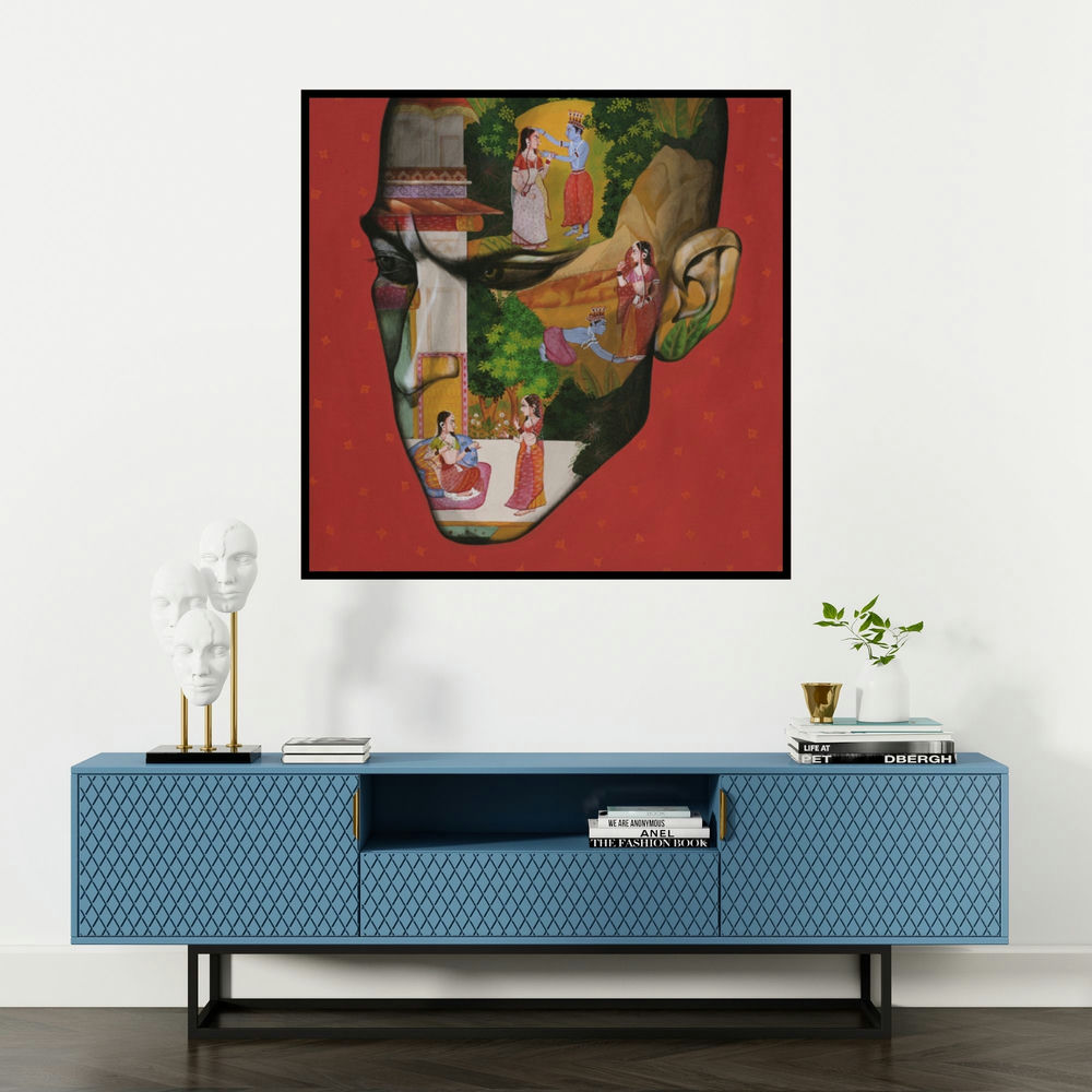 'Romance In Monsoon (Inner World)' painting by Vijay Shelar shown on a wall in a furnished room.