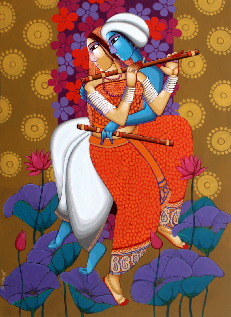'Romantic Couple' religious acrylic painting by artist Sekhar Roy, 60x48 inch, on canvas