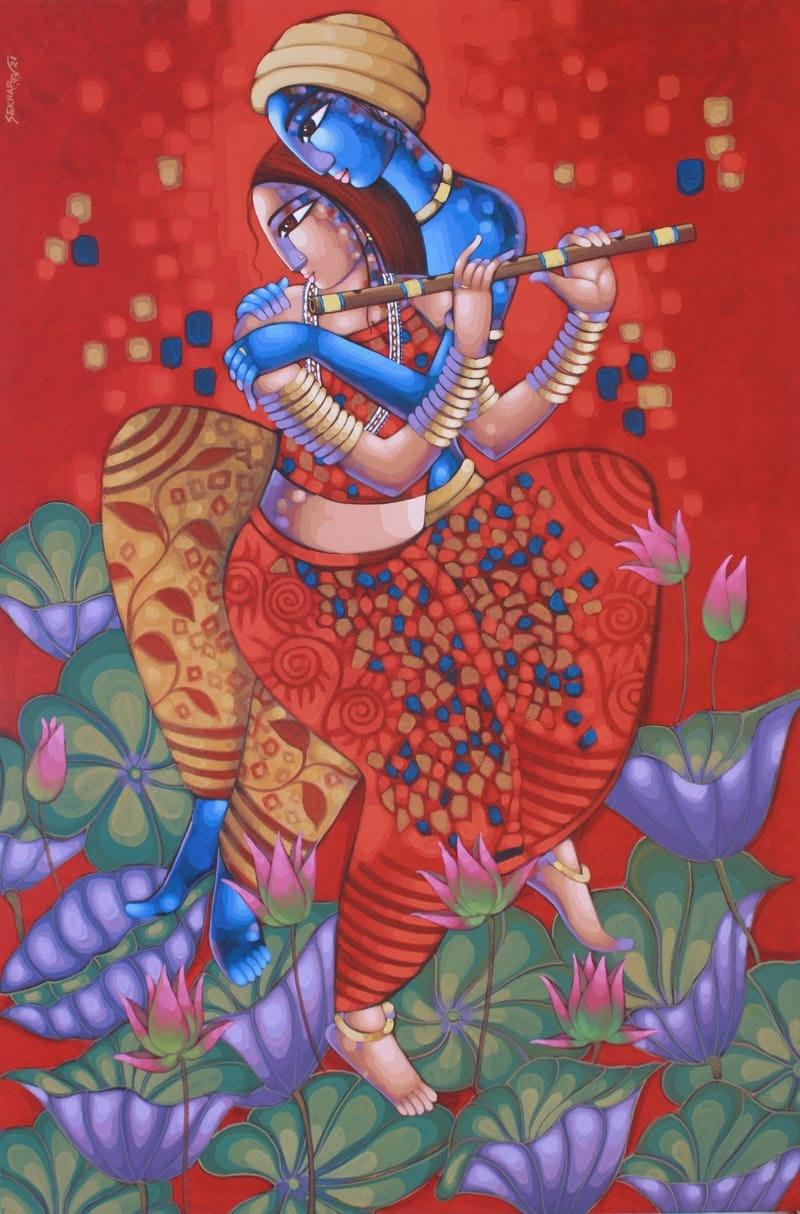 Religious acrylic painting titled 'Romantic Couple 2', 72x48 inches, by artist Sekhar Roy on Canvas